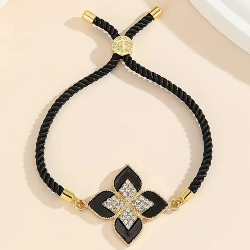 Trendy Black Flower Diamond Gold Toned Bracelet